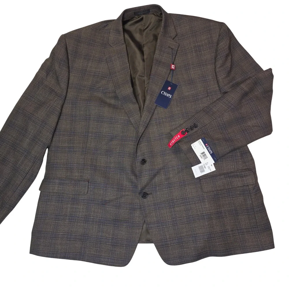 Chaps by Ralph Lauren Mens‎ 56R Brown Blue Plaid Stretch Sport Coat CATH16PX0649